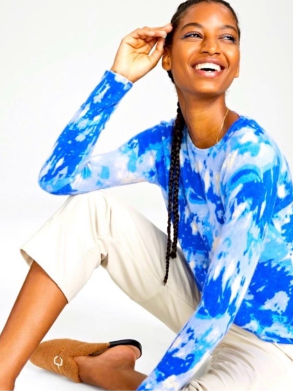 Charter Club Blue & White Tie-Dye Cashmere Crewneck Sweater